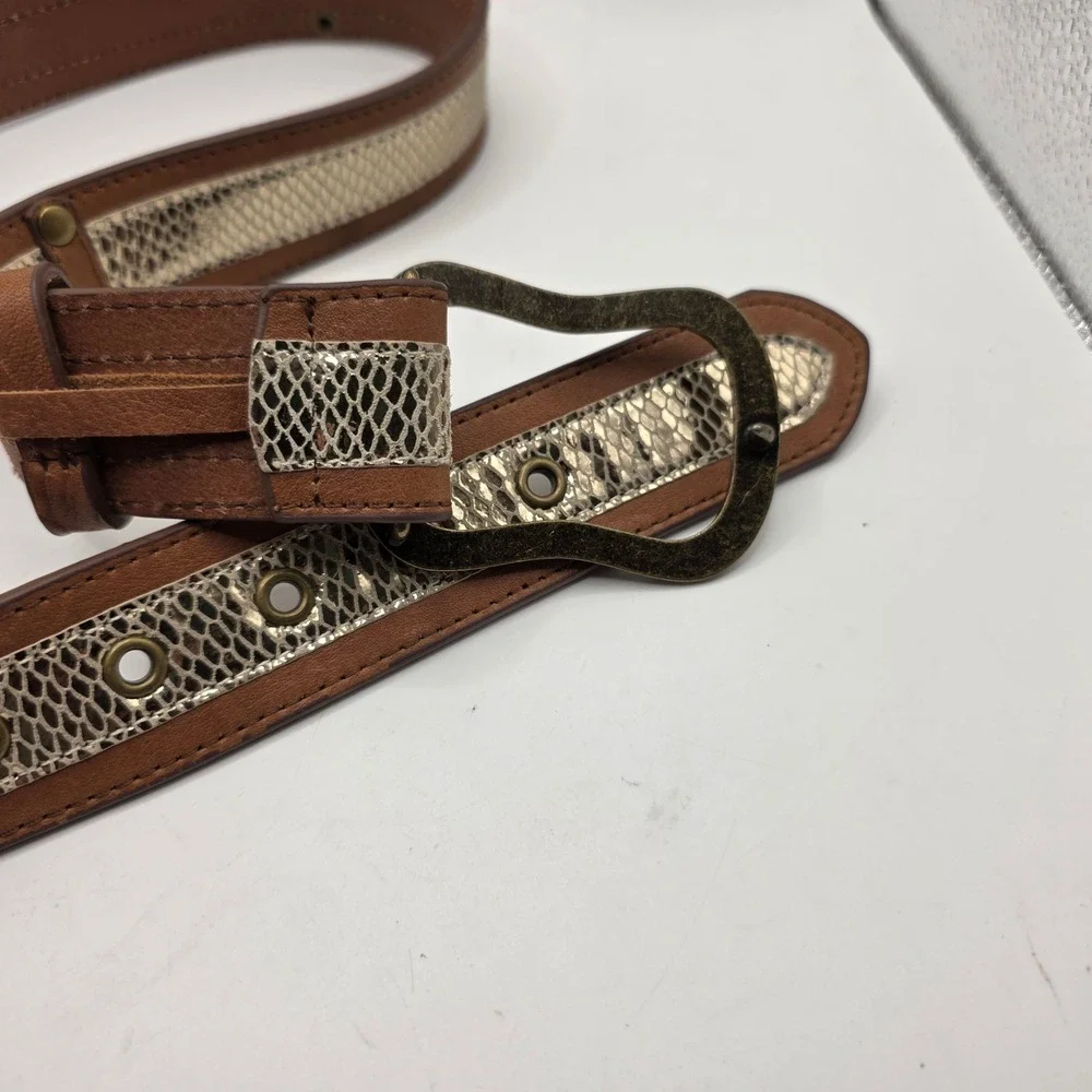 Chicos Brown Leather Metallic Snakeskin Print Belt Brass Buckle Size M RN 79984